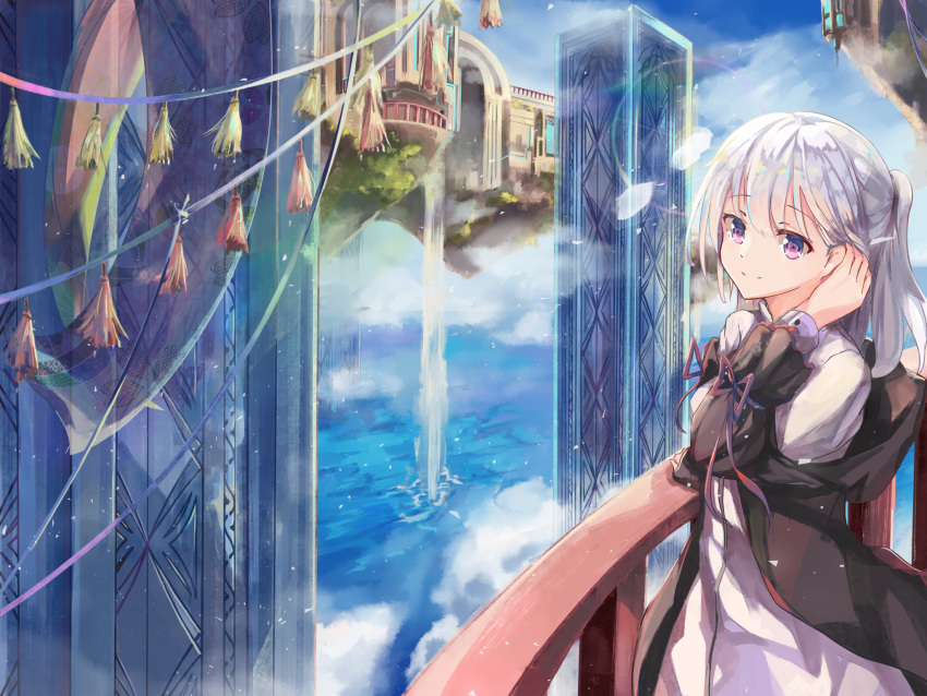 1girl bangs black_jacket blue_sky building closed_mouth clouds day dress eyebrows_visible_through_hair fantasy floating_island hair_tucking highres jacket long_hair long_sleeves looking_at_viewer ocean open_clothes open_jacket original outdoors pillar ponytail railing red_ribbon ribbon scenery shinsoyori silver_hair sky smile solo standing tassel violet_eyes water waterfall white_dress