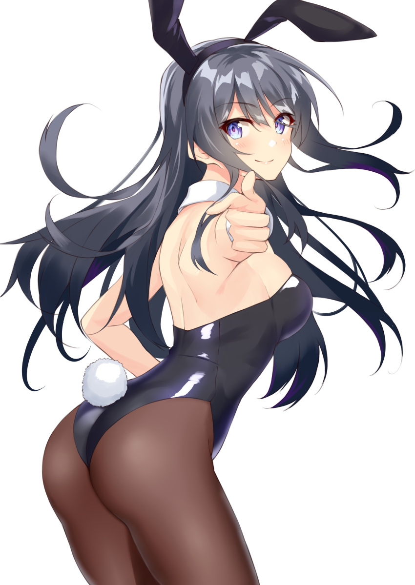 1girl absurdres animal_ears ass bangs blue_eyes blush breasts bunny_girl bunny_tail bunnysuit closed_mouth commentary_request detached_collar eyebrows_visible_through_hair grey_hair highres leotard long_hair looking_at_viewer pantyhose pointing_finger rabbit_ears sakura-sou_no_pet_na_kanojo sakurajima_mai seishun_buta_yarou shunichi smile solo strapless strapless_leotard tail turning_head