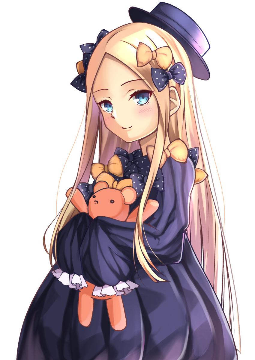 1girl abigail_williams_(fate/grand_order) absurdres bangs black_bow black_dress black_hat blonde_hair blue_eyes blush bow closed_mouth commentary_request dress eyebrows_visible_through_hair fate/grand_order fate_(series) forehead hair_bow hat head_tilt highres long_hair long_sleeves looking_at_viewer mishiro0229 object_hug orange_bow parted_bangs polka_dot polka_dot_bow simple_background sleeves_past_fingers sleeves_past_wrists smile solo stuffed_animal stuffed_toy teddy_bear upper_body very_long_hair white_background