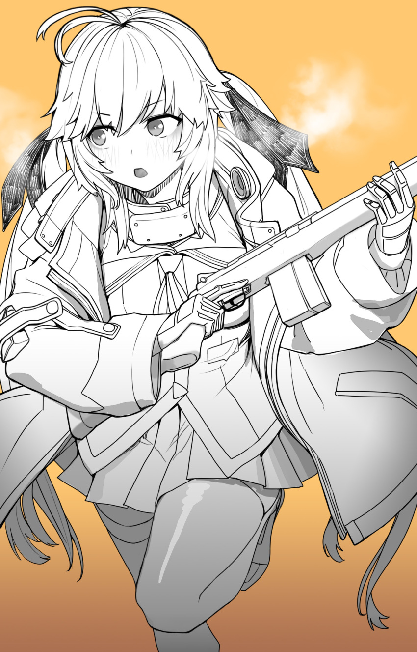 1girl antenna_hair baggy_clothes bangs battle_rifle blazer blush breath cain_(gunnermul) coat eyebrows_visible_through_hair eyes_visible_through_hair girls_frontline gloves gorget gradient gradient_background gun hair_between_eyes highres jacket knee_up long_hair looking_to_the_side m14 m14_(girls_frontline) magazine_(weapon) mod3_(girls_frontline) monochrome open_mouth orange_background rifle sidelocks skirt solo spot_color thigh-highs trigger_discipline twintails very_long_hair weapon
