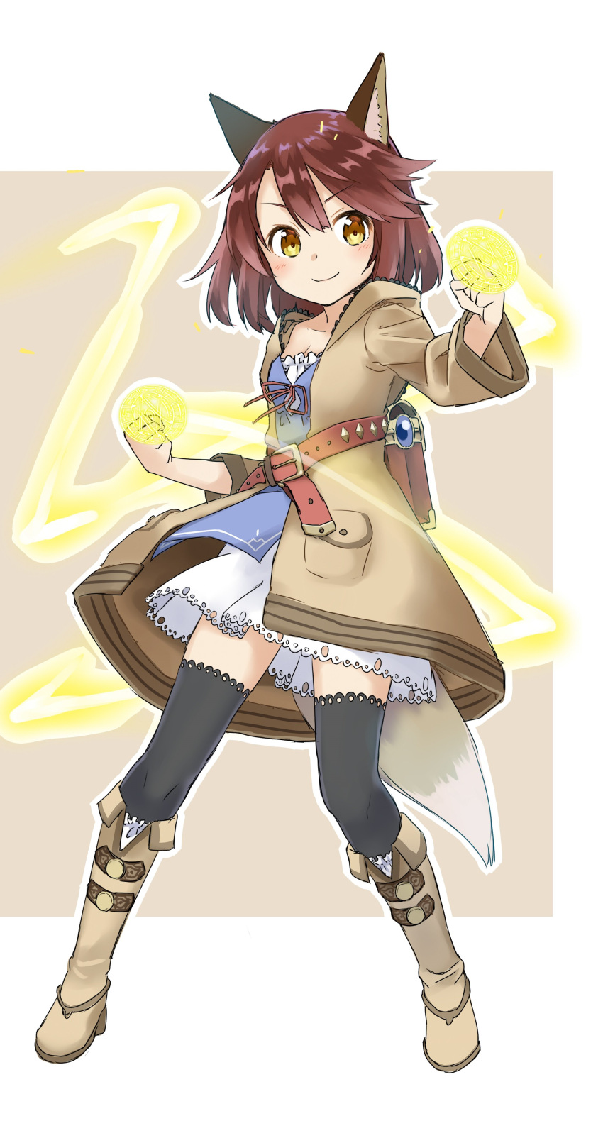 1girl absurdres amane_rosylily animal_ear_fluff animal_ears bangs belt belt_buckle black_legwear blush boots brown_background brown_coat brown_eyes brown_footwear brown_hair buckle clenched_hands closed_mouth coat collarbone dress eyebrows_visible_through_hair fox_ears full_body hair_between_eyes head_tilt highres hood hood_down hooded_coat knee_boots long_sleeves looking_at_viewer magic magic_circle open_clothes open_coat original red_belt sekira_ame smile solo standing thigh-highs two-tone_background white_background white_dress