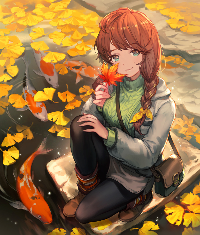 1girl animal autumn_leaves bag bangs black_legwear blue_eyes braid breasts brown_footwear brown_hair closed_mouth commentary_request day eyebrows_visible_through_hair fish from_above ginkgo ginkgo_leaf green_sweater grey_jacket grey_shorts hair_over_shoulder highres holding holding_leaf jacket koi large_breasts leaf lee_hyeseung long_hair long_sleeves looking_at_viewer maple_leaf open_clothes open_jacket original outdoors pantyhose pond ribbed_sweater ripples rock shoes short_shorts shorts shoulder_bag smile solo sweater turtleneck turtleneck_sweater twin_braids water