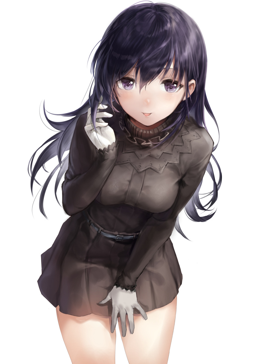 1girl :p bangs belt black_skirt blush breasts commentary_request gloves hair_between_eyes haori_iori highres leaning_forward long_hair looking_at_viewer medium_breasts original pleated_skirt purple_hair simple_background skirt solo standing tongue tongue_out turtleneck violet_eyes white_background white_gloves