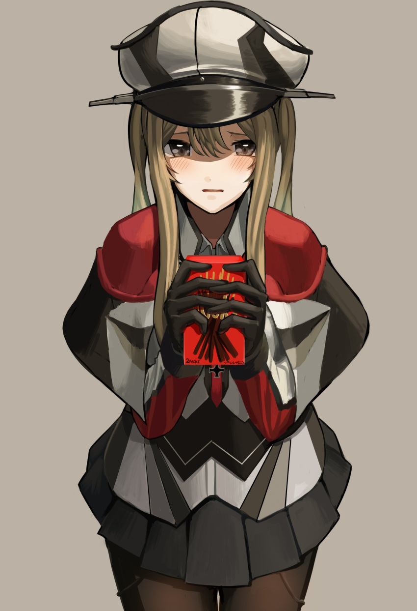 1girl black_gloves black_legwear black_skirt blonde_hair box brown_eyes capelet cowboy_shot food gloves graf_zeppelin_(kantai_collection) grey_background grey_eyes hair_between_eyes hat highres iron_cross jacket kantai_collection looking_at_viewer military military_uniform miniskirt necktie pantyhose peaked_cap pleated_skirt pocky ra_9 sidelocks simple_background skirt solo twintails uniform