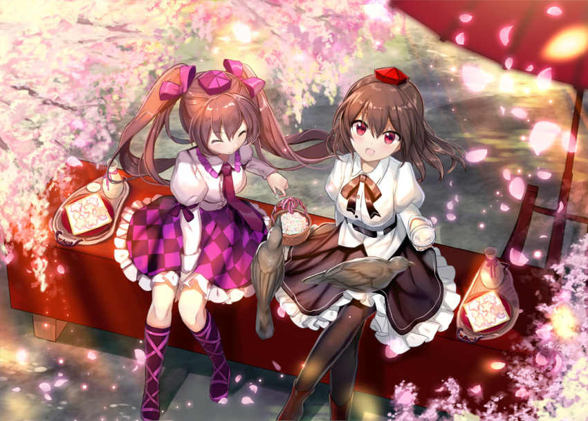 2girls :d between_legs bird bird_on_lap black_legwear black_ribbon black_skirt bow brown_hair checkered checkered_skirt cherry_blossoms closed_eyes crow day dress_shirt floating_hair frilled_skirt frills from_above fuupu hair_between_eyes hair_bow hand_between_legs hat himekaidou_hatate kneehighs long_hair long_sleeves looking_at_viewer looking_up multiple_girls neck_ribbon necktie open_mouth outdoors pantyhose purple_bow purple_hat purple_neckwear red_eyes red_hat ribbon shameimaru_aya shirt sitting skirt smile touhou twintails very_long_hair white_shirt