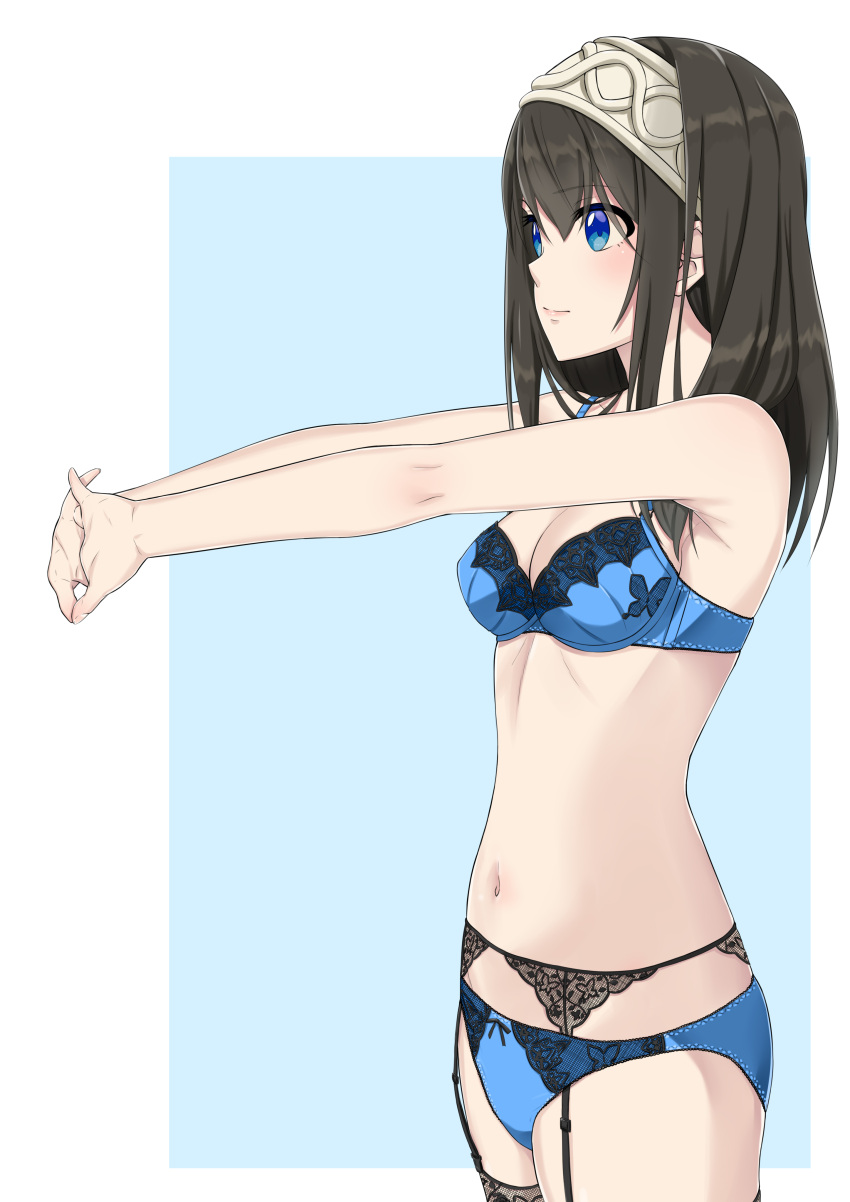 1girl absurdres bangs black_hair black_legwear blue_background blue_bra blue_eyes blue_panties bow bow_panties bra breasts cleavage closed_mouth commentary eyebrows_visible_through_hair from_side garter_belt hairband hands_together highres idolmaster idolmaster_cinderella_girls interlocked_fingers k-ya. lace lace-trimmed_bra lace-trimmed_panties lace_legwear light_smile lips long_hair medium_breasts navel outside_border panties panties_over_garter_belt sagisawa_fumika solo standing thigh-highs underwear underwear_only white_hairband
