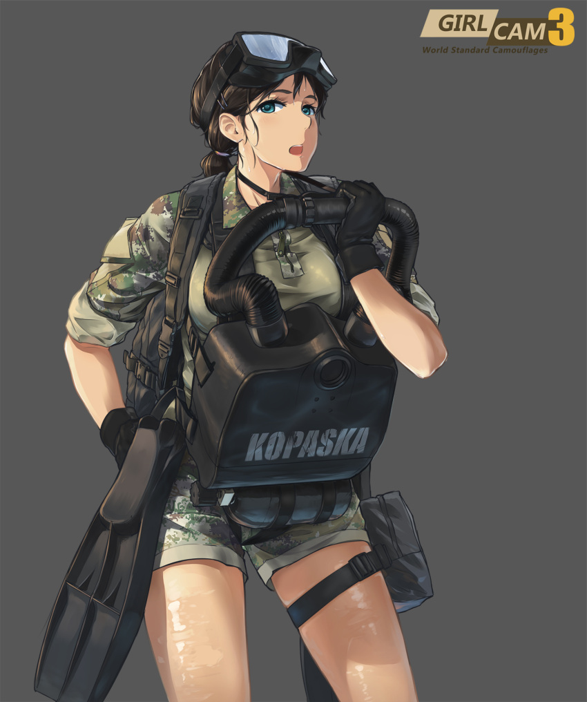 1girl blue_eyes brown_hair camouflage copyright_name diving_mask diving_mask_on_head gloves graphite_(medium) highres looking_at_viewer military original ponytail scuba_gear solo standing swimsuit tantu_(tc1995) thigh_strap traditional_media wet