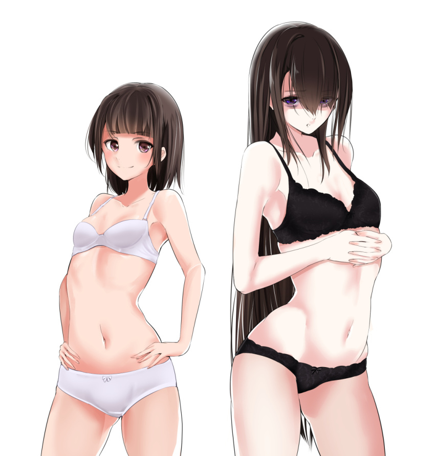 2girls :o ass_visible_through_thighs black_bra black_hair black_panties black_vs_white bow bow_panties bra breasts brown_eyes brown_hair closed_mouth collarbone commentary cowboy_shot crotch_seam eyebrows_visible_through_hair hair_between_eyes half-closed_eyes hands_on_hips hands_together hip_bones interlocked_fingers long_hair looking_at_viewer medium_hair mother_and_daughter multiple_girls navel original panties parted_lips schreibe_shura simple_background skindentation small_breasts smile standing thighs underwear underwear_only very_long_hair violet_eyes white_background white_bra white_panties