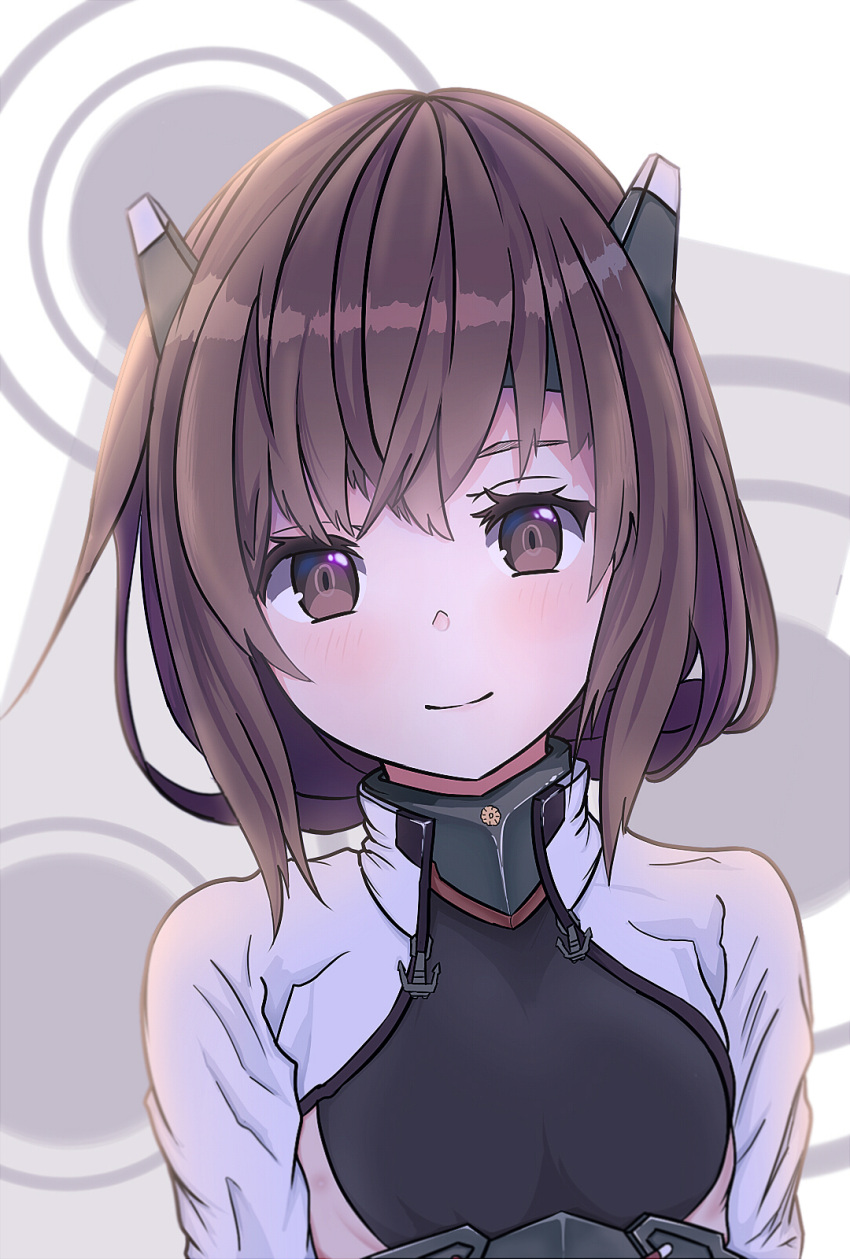 1girl bangs black_shirt blush brown_eyes brown_hair closed_mouth cropped_jacket flat_chest head_tilt headgear highres jacket kantai_collection looking_at_viewer patchouli_(user_nkkc4554) shirt short_hair simple_background smile solo taihou_(kantai_collection) turtleneck white_jacket