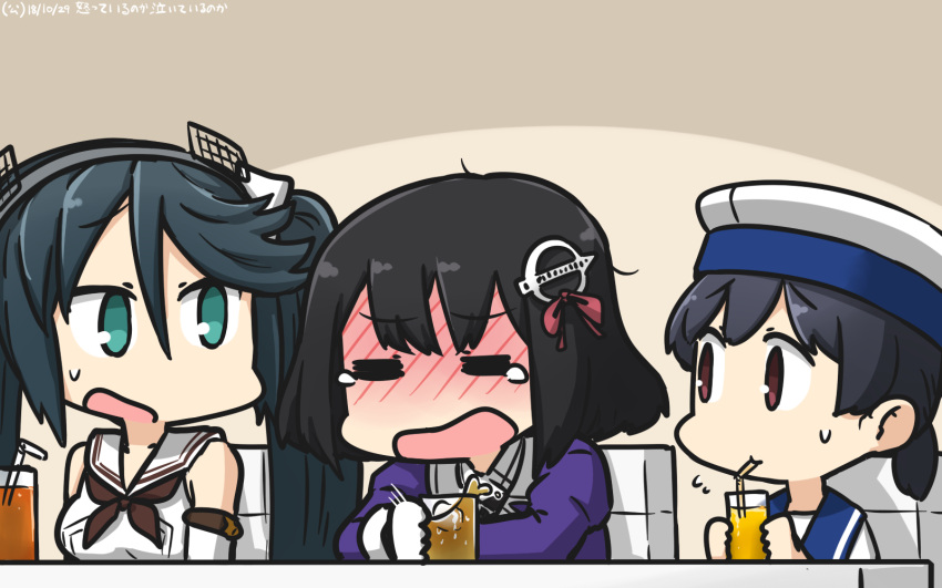 3girls =_= alcohol blue_sailor_collar blush brown_eyes brown_hair brown_neckwear check_commentary commentary_request cup dated detached_sleeves drink drinking_glass drinking_straw eyebrows_visible_through_hair gloves green_eyes green_hair haguro_(kantai_collection) hair_ornament hamu_koutarou hat hiburi_(kantai_collection) highres ice isuzu_(kantai_collection) jacket juliet_sleeves kantai_collection long_hair long_sleeves multiple_girls neckerchief open_mouth partial_commentary puffy_sleeves purple_jacket sailor_collar sailor_hat school_uniform serafuku short_hair tears twintails white_gloves white_hat white_sailor_collar