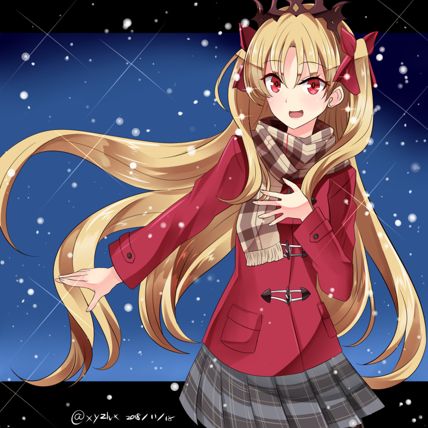 1girl :d bangs blonde_hair bow brown_scarf commentary_request dated ereshkigal_(fate/grand_order) eyebrows_visible_through_hair fate/grand_order fate_(series) fingernails fringe_trim grey_skirt hair_between_eyes hair_bow hebitsukai-san highres jacket long_hair long_sleeves looking_at_viewer open_mouth parted_bangs plaid plaid_scarf plaid_skirt pleated_skirt red_bow red_eyes red_jacket scarf sidelocks skirt smile solo tiara twitter_username two_side_up very_long_hair