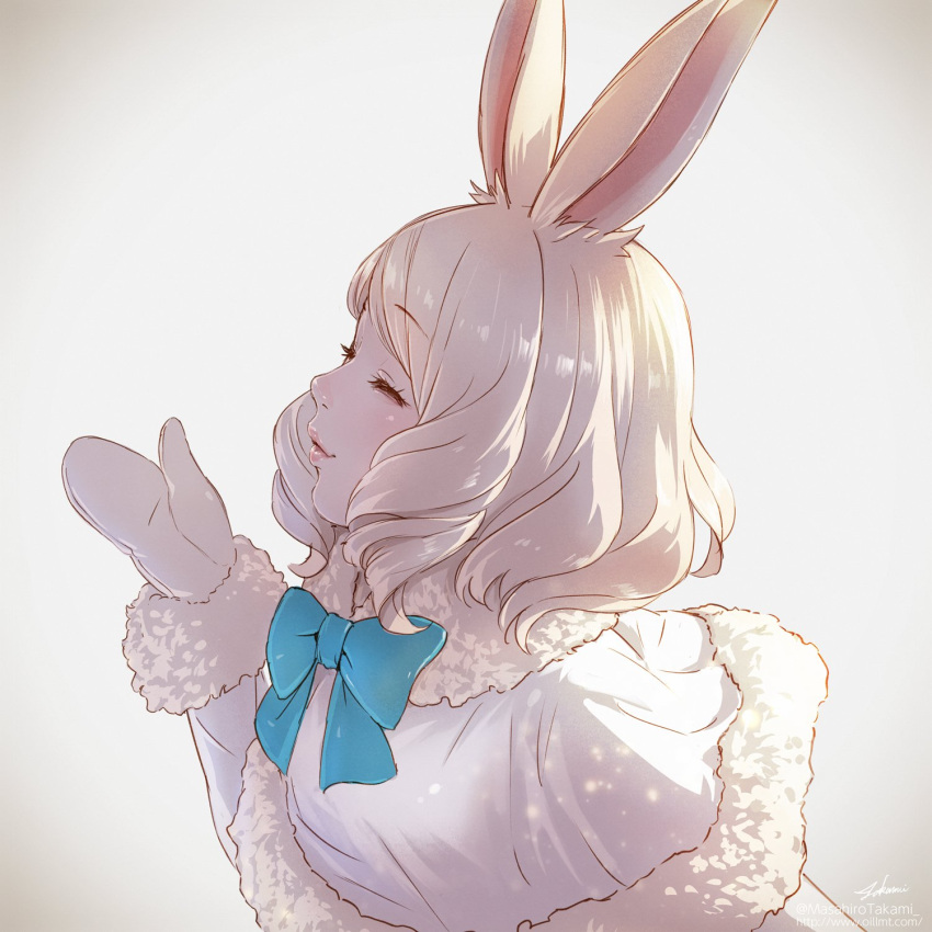 1girl animal_ears arctic_hare_(kemono_friends) blown_kiss bow bowtie cloak closed_eyes commentary_request fur_trim highres kemono_friends mittens profile rabbit_ears short_hair solo takami_masahiro upper_body white_hair winter_clothes