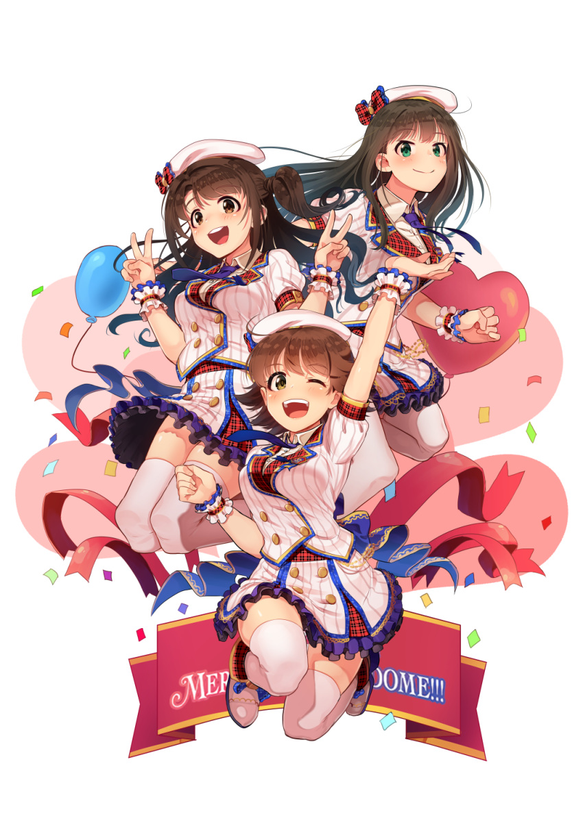 3girls ahoge arm_up blue_neckwear blush bow brand_new_seasons breasts brown_eyes brown_hair closed_mouth collared_shirt double_v eyebrows_visible_through_hair frilled_skirt frills green_eyes hat high_heels highres honda_mio idolmaster idolmaster_cinderella_girls kamille_(vcx68) large_breasts long_hair looking_at_viewer multiple_girls necktie new_generations one_eye_closed open_mouth puffy_short_sleeves puffy_sleeves red_bow shibuya_rin shimamura_uzuki shirt short_hair short_sleeves skirt smile teeth thigh-highs v white_footwear white_hat white_legwear white_shirt white_skirt