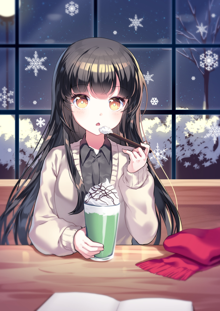 1girl bangs bare_tree black_hair black_shirt blush brown_eyes brown_sweater collared_shirt commentary_request cup dress_shirt drinking_glass eyebrows_visible_through_hair fringe_trim highres holding indoors lamppost long_hair long_sleeves looking_at_viewer mechuragi night night_sky original parted_lips red_scarf scarf scarf_removed shirt sky sleeves_past_wrists snow snowflakes solo sweater table tree very_long_hair whipped_cream window winter