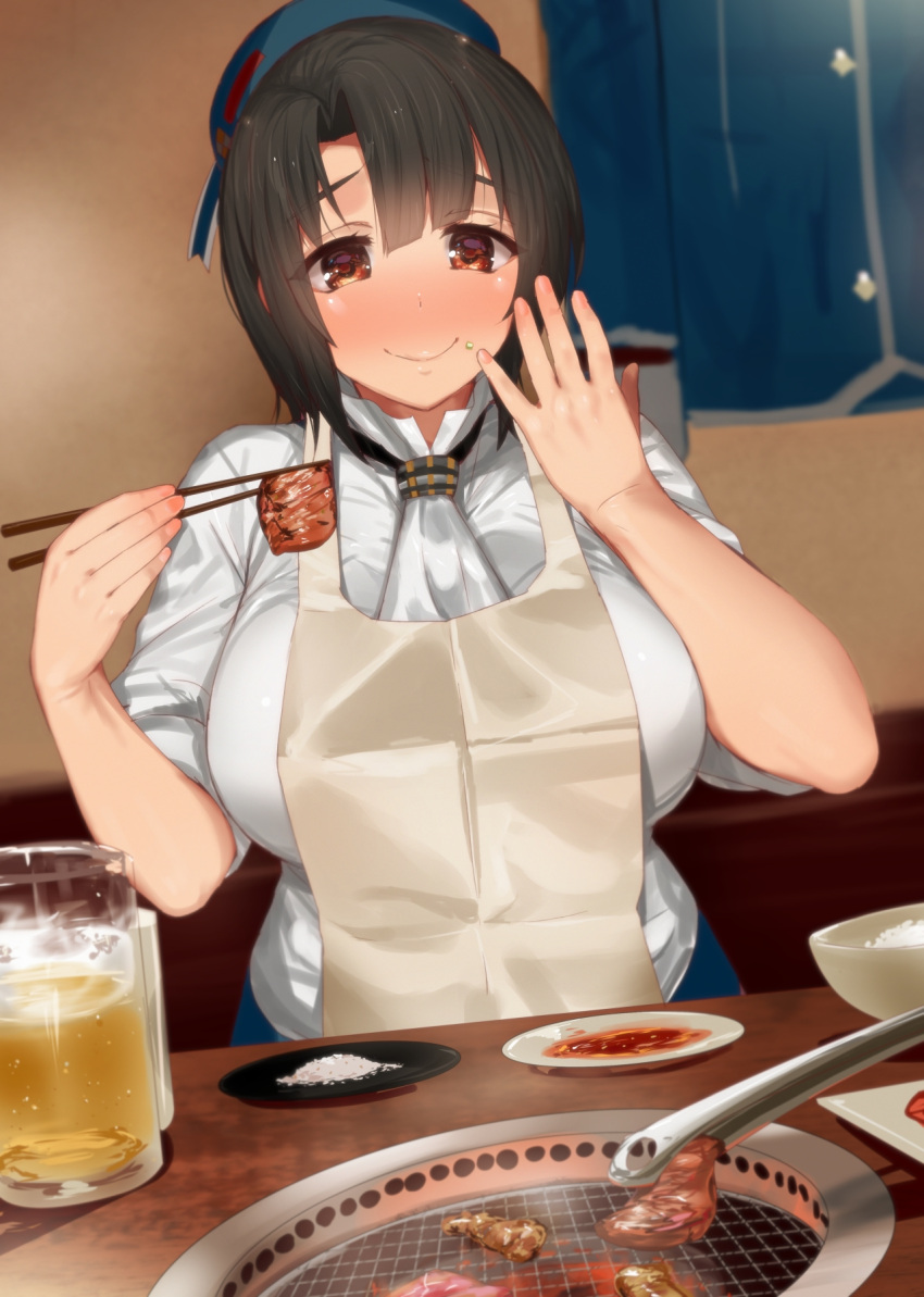 1girl ascot beer_mug black_hair blue_hat blue_jacket blue_skirt blush bowl breasts chopsticks collared_shirt eating food food_on_face hat highres jacket kantai_collection kusaka_souji large_breasts looking_at_viewer nose_blush partially_undressed plate red_eyes rice shirt short_hair sitting skirt sleeves_rolled_up smile solo takao_(kantai_collection) upper_body white_shirt