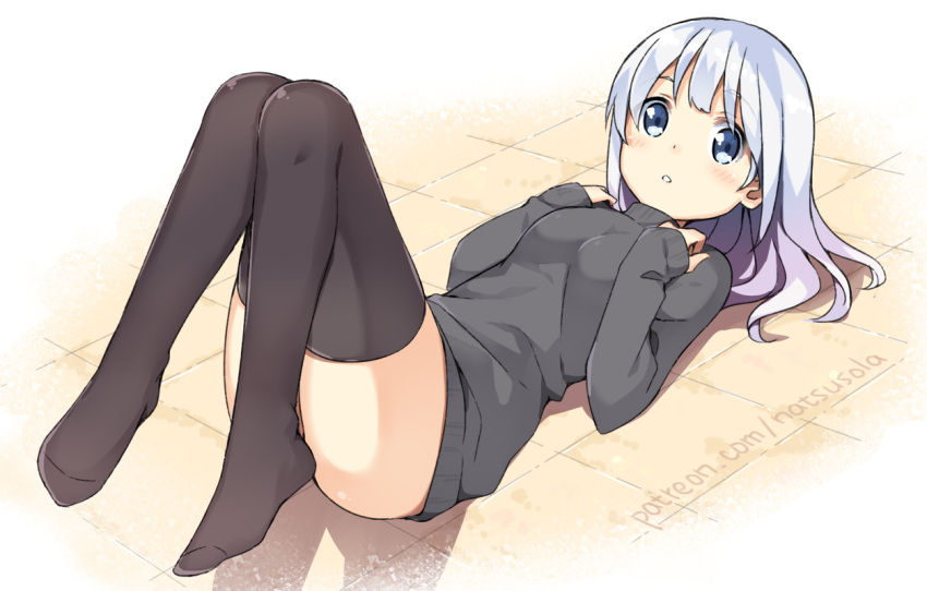 1girl ass bangs black_sweater blue_eyes blush breasts brown_legwear commentary_request eyebrows_visible_through_hair full_body hands_up hatsunatsu long_hair long_sleeves lying medium_breasts no_shoes on_back original parted_lips silver_hair sleeves_past_wrists solo sweater thigh-highs tile_floor tiles turtleneck turtleneck_sweater watermark web_address