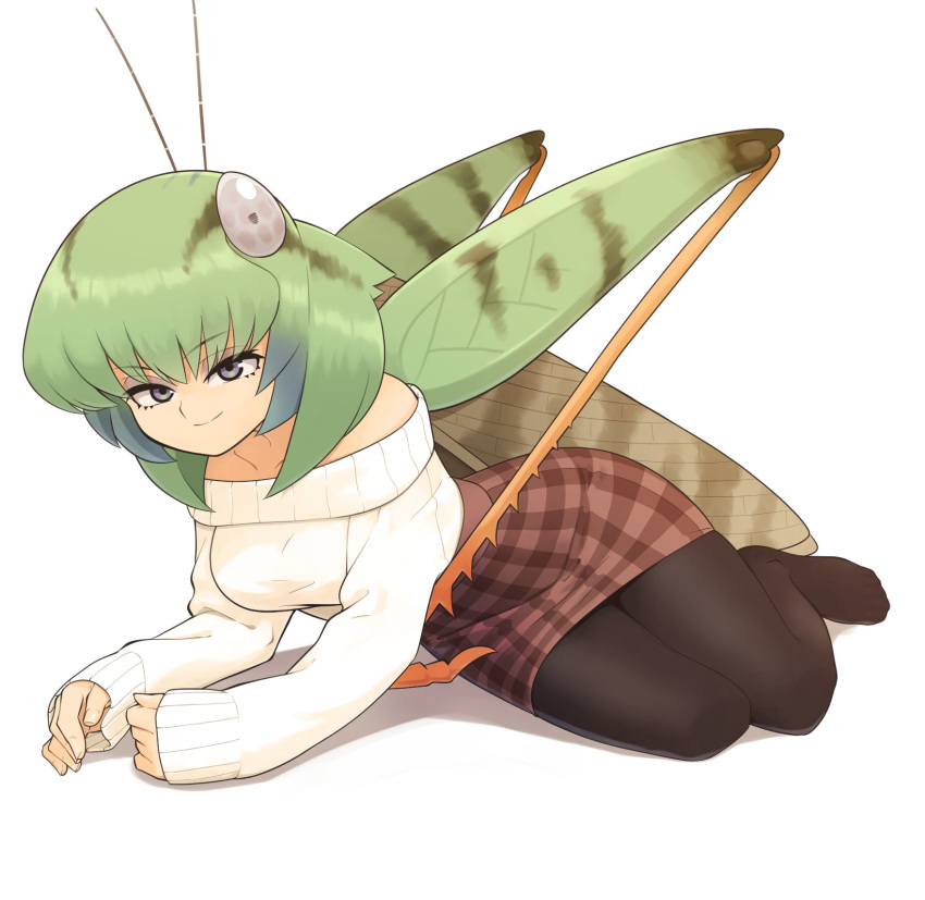 1girl antennae bangs bare_shoulders breasts bug casual commentary evolvingmonkey eyebrows_visible_through_hair fingernails full_body grasshopper grasshopper_inoue green_hair grey_eyes highres insect insect_girl legs_together light_smile long_sleeves looking_at_viewer lying medium_breasts medium_hair multicolored_hair no_shoes on_side original pantyhose plaid plaid_skirt ribbed_sweater simple_background skirt sleeves_past_wrists solo sweater two-tone_hair white_background