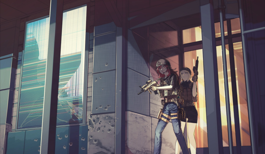 2girls absurdres blonde_hair bullet_hole gloves gun hat headset helmet highres holding holding_gun holding_weapon holster load_bearing_vest long_hair multiple_girls nurim original redhead short_hair_with_long_locks short_shorts shorts thigh_holster trigger_discipline weapon weapon_request