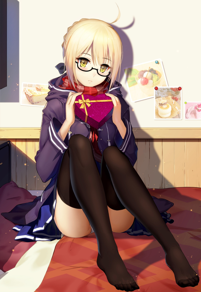 1girl absurdres ahoge artoria_pendragon_(all) bangs black-framed_eyewear black_legwear blue_skirt blush box braid closed_mouth coat commentary_request duffel_coat eyebrows_visible_through_hair fate/grand_order fate_(series) french_braid gift gift_box glasses heart-shaped_box highres holding holding_gift hood hooded_jacket indoors jacket looking_at_viewer mysterious_heroine_x_(alter) no_shoes open_clothes open_coat panties pantyshot pantyshot_(sitting) plaid plaid_scarf pleated_skirt red_scarf scarf semi-rimless_eyewear sitting skirt solo thigh-highs under-rim_eyewear underwear vmax-ver white_panties yellow_eyes