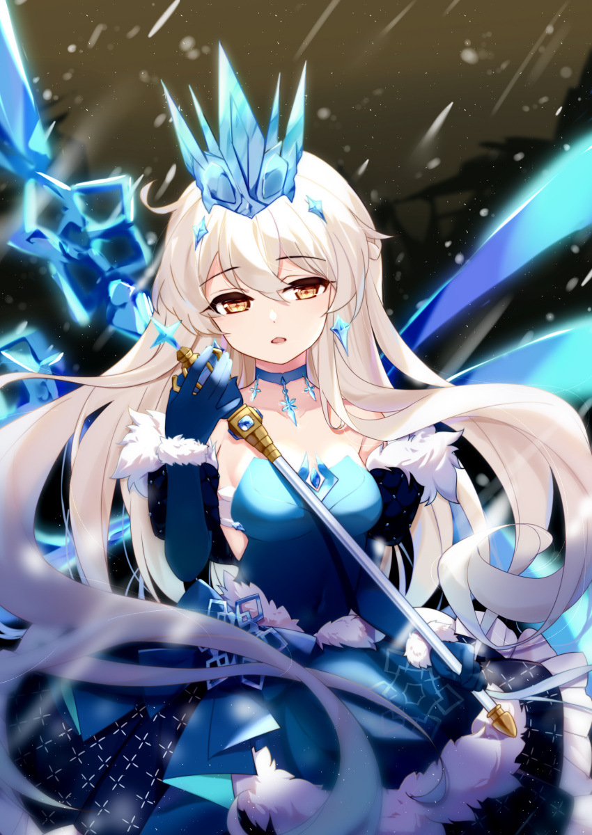 1girl absurdres bangs bare_shoulders benghuai_xueyuan blue_choker blue_dress blue_eyes blue_gloves choker covered_navel crown dress elbow_gloves eyebrows_visible_through_hair fufumi fur_trim gloves hair_between_eyes highres honkai_impact ice icicle kiana_kaslana long_hair looking_at_viewer open_mouth solo staff strapless strapless_dress symbol-shaped_pupils very_long_hair white_hair winter_princess_(honkai_impact)