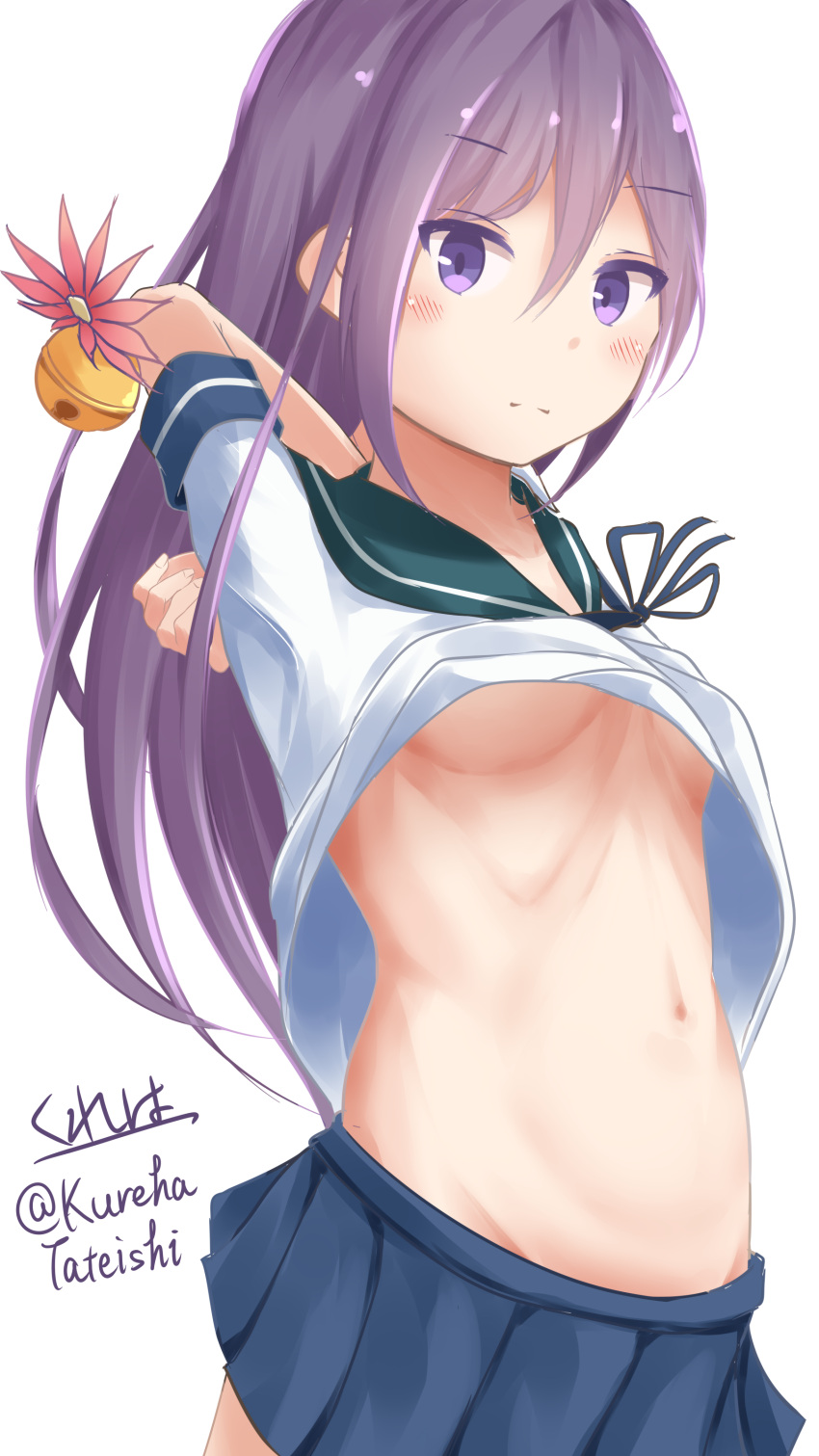 1girl absurdres akebono_(kantai_collection) arm_up bangs bell blue_ribbon blue_skirt blush breasts closed_mouth eyebrows_visible_through_hair flower green_sailor_collar hair_bell hair_between_eyes hair_down hair_flower hair_ornament hamayuu_(litore) highres jingle_bell kantai_collection long_hair navel neck_ribbon no_bra pleated_skirt purple_hair red_flower ribbon sailor_collar school_uniform serafuku shirt short_sleeves signature simple_background skirt small_breasts solo twitter_username under_boob very_long_hair violet_eyes white_background white_shirt