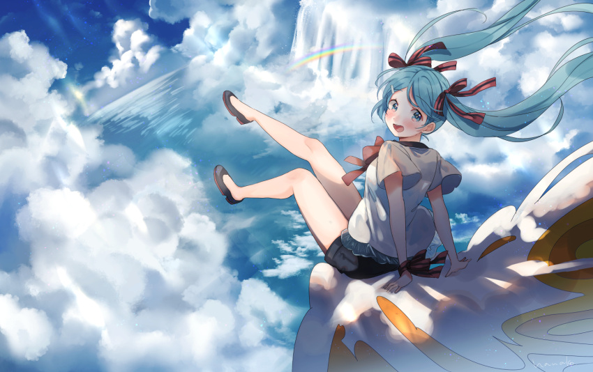 1girl :d arms_behind_back bare_arms bare_legs black_footwear black_shorts blue_eyes blue_hair blue_sky blush bracelet clouds cloudy_sky day eyebrows_visible_through_hair floating_hair full_body hair_ornament hairclip hanako151 happy hatsune_miku jewelry leg_up long_hair looking_away looking_back open_mouth outdoors rainbow red_ribbon ribbon ribbon_hair shirt shorts sitting sky smile solo sunlight thighs twintails very_long_hair vocaloid water waterfall white_shirt