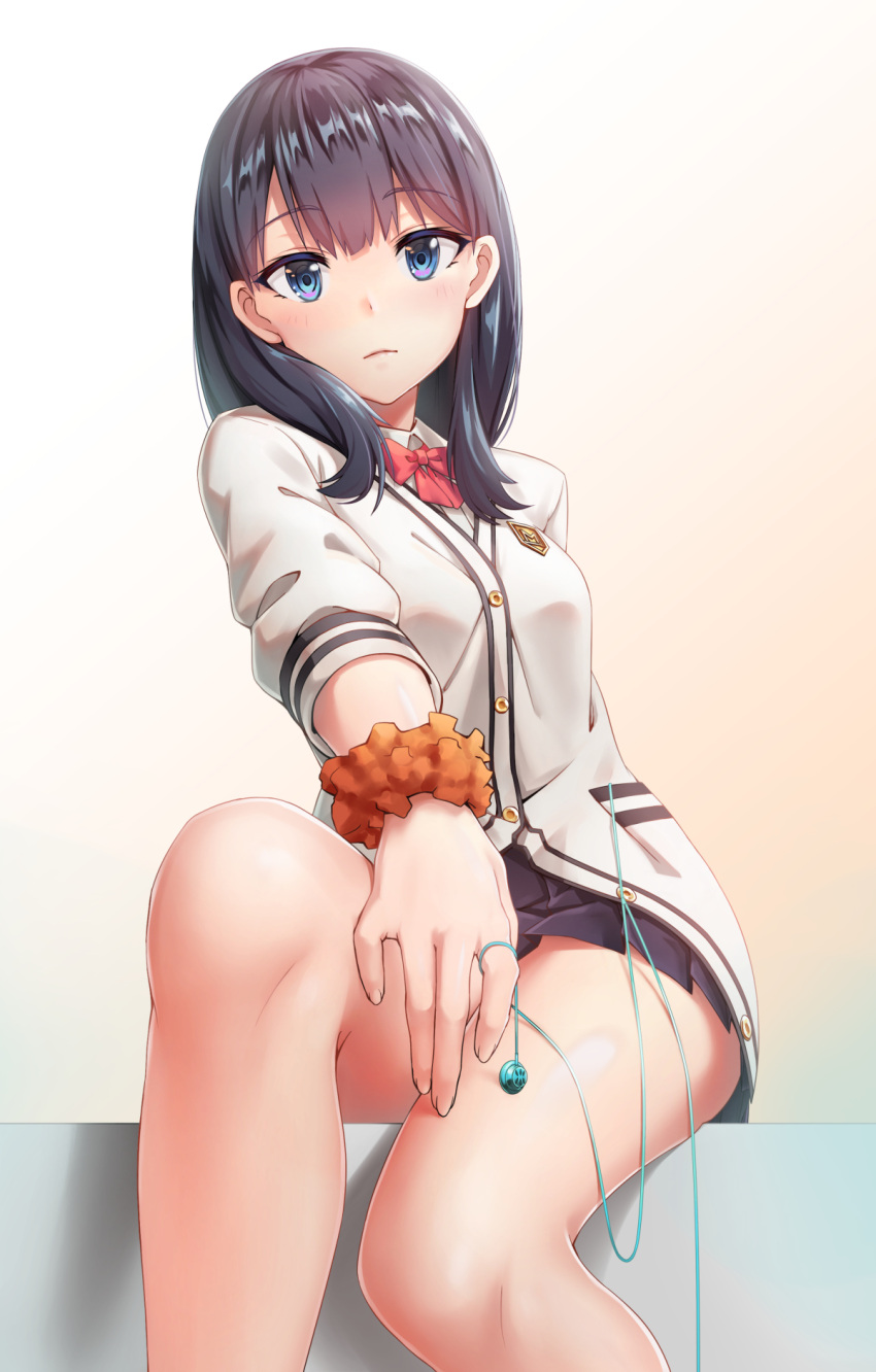 1girl black_hair blue_eyes blush bow bowtie closed_mouth commentary_request eyebrows_visible_through_hair highres legs looking_at_viewer red_neckwear shirt shoron short_hair sitting solo ssss.gridman takarada_rikka thighs white_cardigan white_shirt