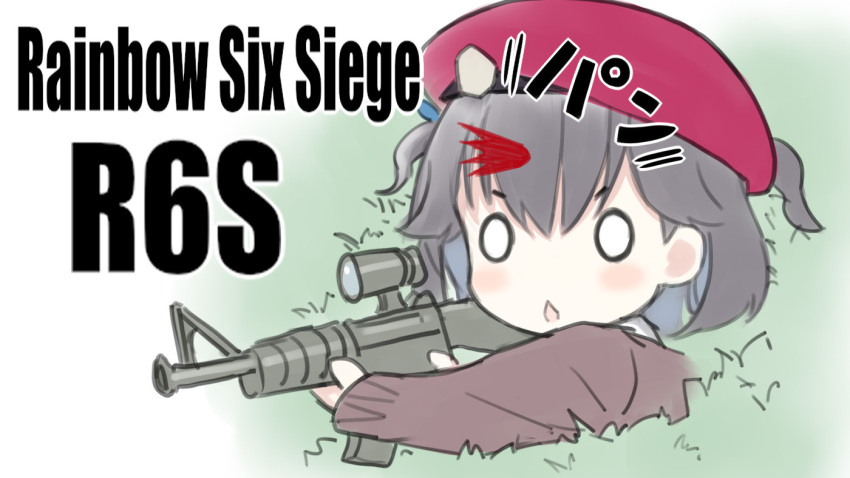 0_0 1girl assault_rifle bangs beret black_hair brown_sweater bush capriccio chibi commentary_request copyright_name eyebrows_visible_through_hair gun hair_between_eyes hat headshot holding holding_gun holding_weapon long_sleeves parted_lips rainbow_six_siege red_hat rifle scope sleeves_past_wrists solo sweater two_side_up v-shaped_eyebrows weapon weapon_request white_background