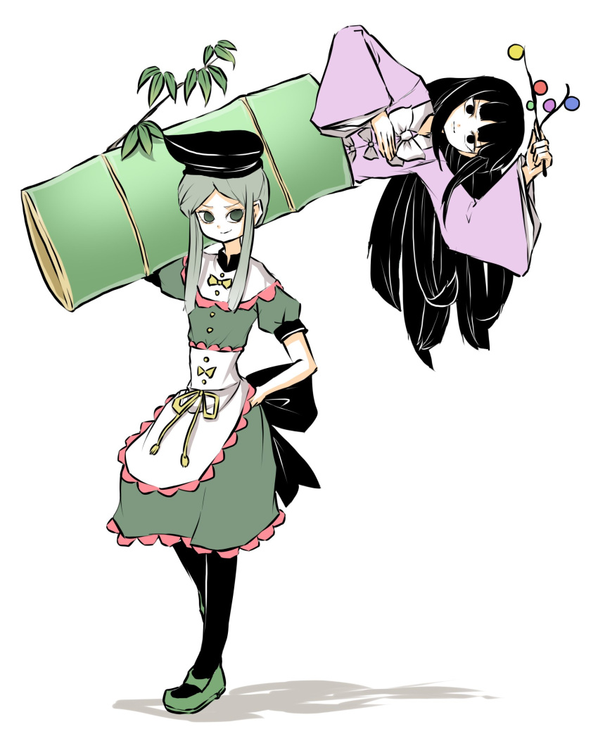 2girls apron bamboo black_eyes black_footwear black_legwear bow branch commentary_request dress frills green_dress green_eyes green_footwear green_hair hat highres hime_cut holding houraisan_kaguya jeweled_branch_of_hourai leaf long_hair long_sleeves looking_at_viewer multiple_girls no_pupils pantyhose peroponesosu. puffy_short_sleeves puffy_sleeves shadow short_hair_with_long_locks short_sleeves tate_eboshi teireida_mai touhou trait_connection waist_apron white_background wide_sleeves yellow_bow