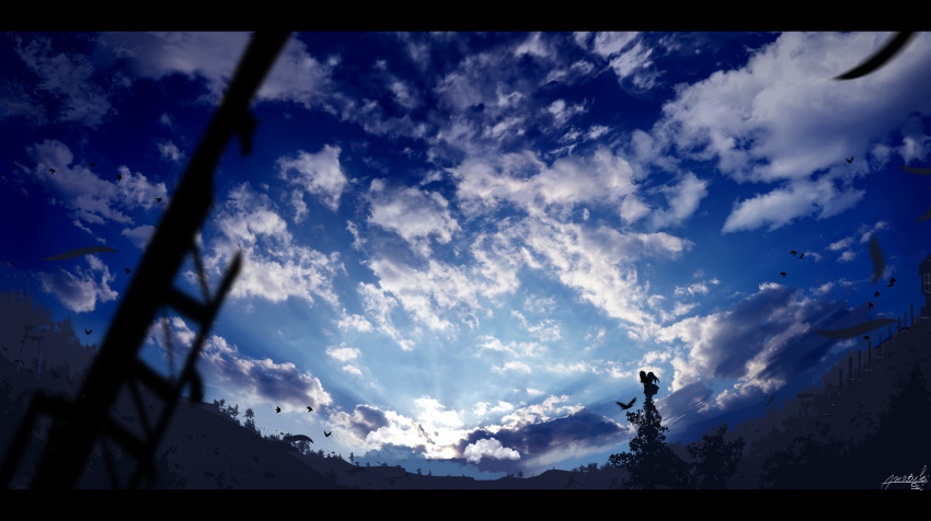 amatsuki_rei artist_name bird blue blue_sky clouds cloudy_sky day fantasy highres horizon letterboxed no_humans original outdoors scenery signature silhouette sky tree