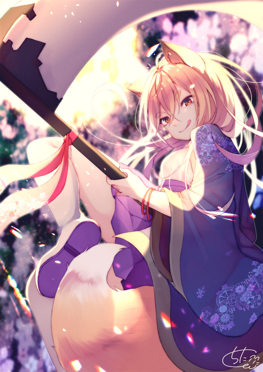 1girl animal_ears bangs blurry blurry_background blush boots breasts chita_(ketchup) closed_mouth commentary_request depth_of_field eyebrows_visible_through_hair fox_ears fox_girl fox_tail hair_between_eyes haori head_tilt highres holding holding_scythe japanese_clothes licking_lips light_brown_hair long_hair long_sleeves looking_at_viewer looking_to_the_side original pleated_skirt purple_skirt red_eyes scythe shoe_soles short_eyebrows signature skirt small_breasts smile solo tail thick_eyebrows thigh-highs thigh_boots tongue tongue_out very_long_hair white_footwear white_legwear wide_sleeves