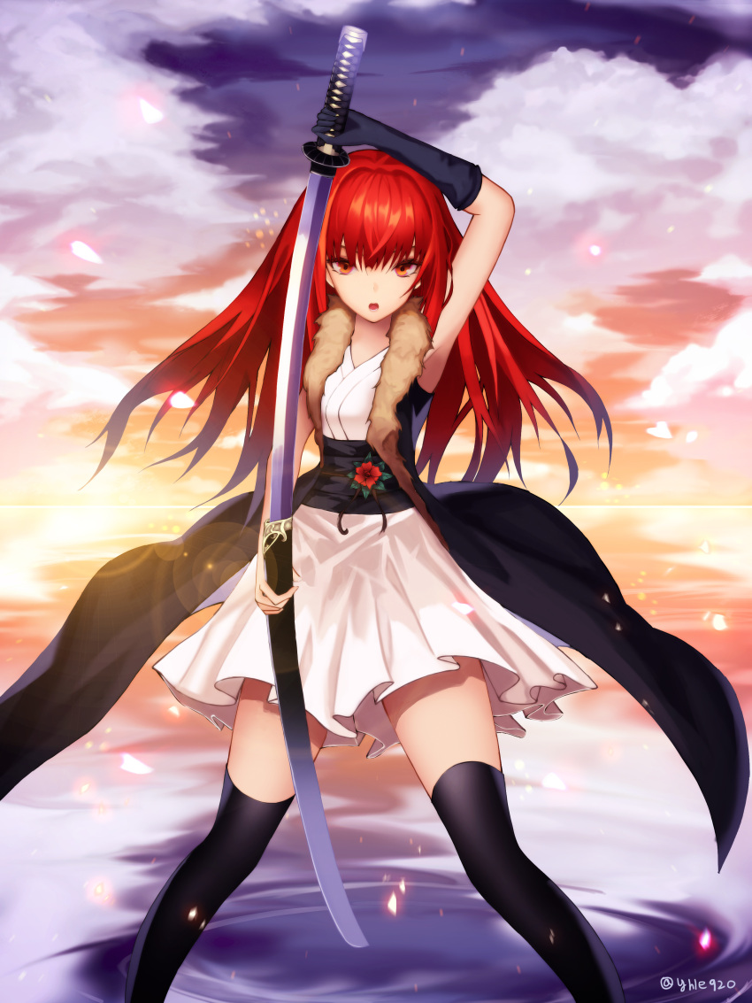 1girl absurdres armpits black_cape black_legwear cape clouds cup6542 dress floating_hair fur_trim highres holding holding_sheath holding_sword holding_weapon lens_flare long_hair looking_at_viewer open_mouth orange_eyes original outdoors red_eyes redhead sheath short_dress sleeveless sleeveless_dress solo standing sword thigh-highs unsheathing very_long_hair weapon white_dress