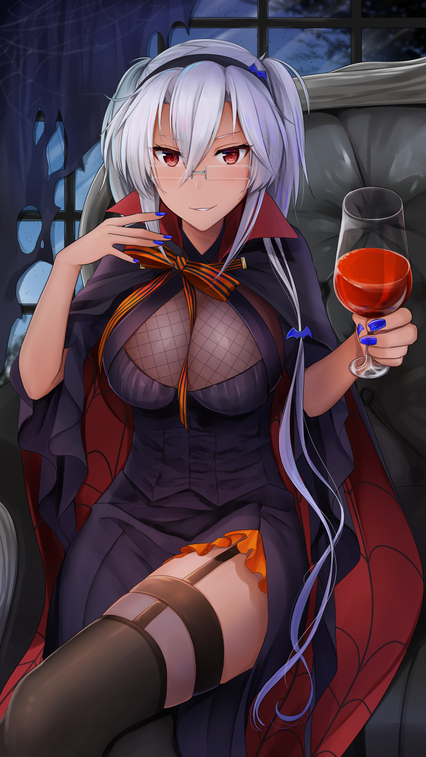1girl absurdres between_breasts black_cape black_dress blue_nails breasts cape cleavage commentary_request couch cup dark_skin dress drinking_glass finger_to_mouth garter_straps glasses grin hair_between_eyes hairband halloween_costume highres huge_filesize indoors kantai_collection large_breasts legs_crossed looking_at_viewer musashi_(kantai_collection) nail_polish night red_eyes silk sitting smile solo spider_web twintails vampire white_hair wine_glass yunamaro