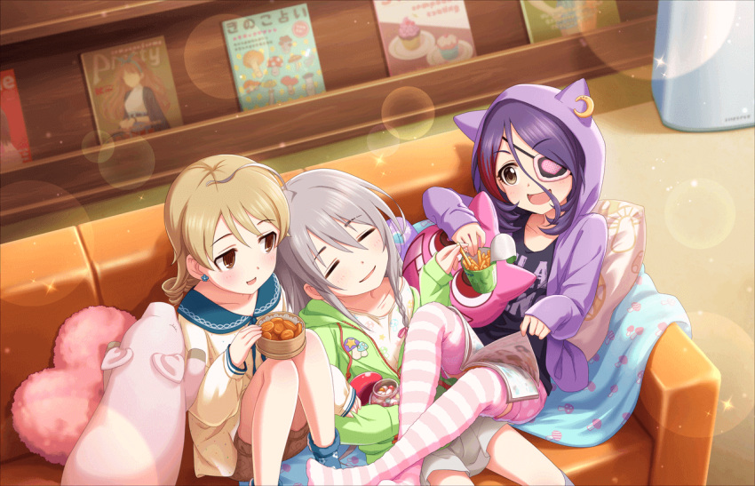 3girls ahoge artist_request bangs blonde_hair blush braid brown_eyes closed_eyes couch drill_hair earrings eyebrows_visible_through_hair eyepatch fang food food_print friends hair_between_eyes hayasaka_mirei heart heart_pillow holding holding_stuffed_animal hood hoodie hoshi_shouko idolmaster idolmaster_cinderella_girls idolmaster_cinderella_girls_starlight_stage individuals indoors jewelry long_hair long_sleeves looking_at_another magazine morikubo_nono multicolored_hair multiple_girls mushroom mushroom_print official_art open_mouth pillow purple_hair ringlets short_hair side_braid silver_hair single_braid sitting sleeves_past_wrists smile striped striped_legwear stuffed_animal stuffed_toy