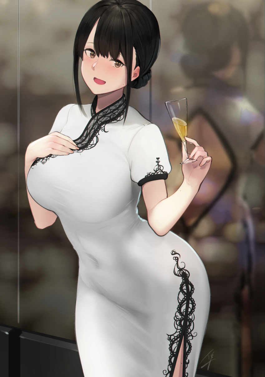 1girl alcohol back_cutout backless_dress backless_outfit black_hair blush braid breasts brown_eyes champagne champagne_flute china_dress chinese_clothes covered_navel cup dress drinking_glass drunk hair_bun hand_on_own_chest hayabusa highres holding holding_cup large_breasts looking_at_viewer nose_blush open_mouth original reflection short_sleeves side_slit sidelocks smile solo sweatdrop white_dress window
