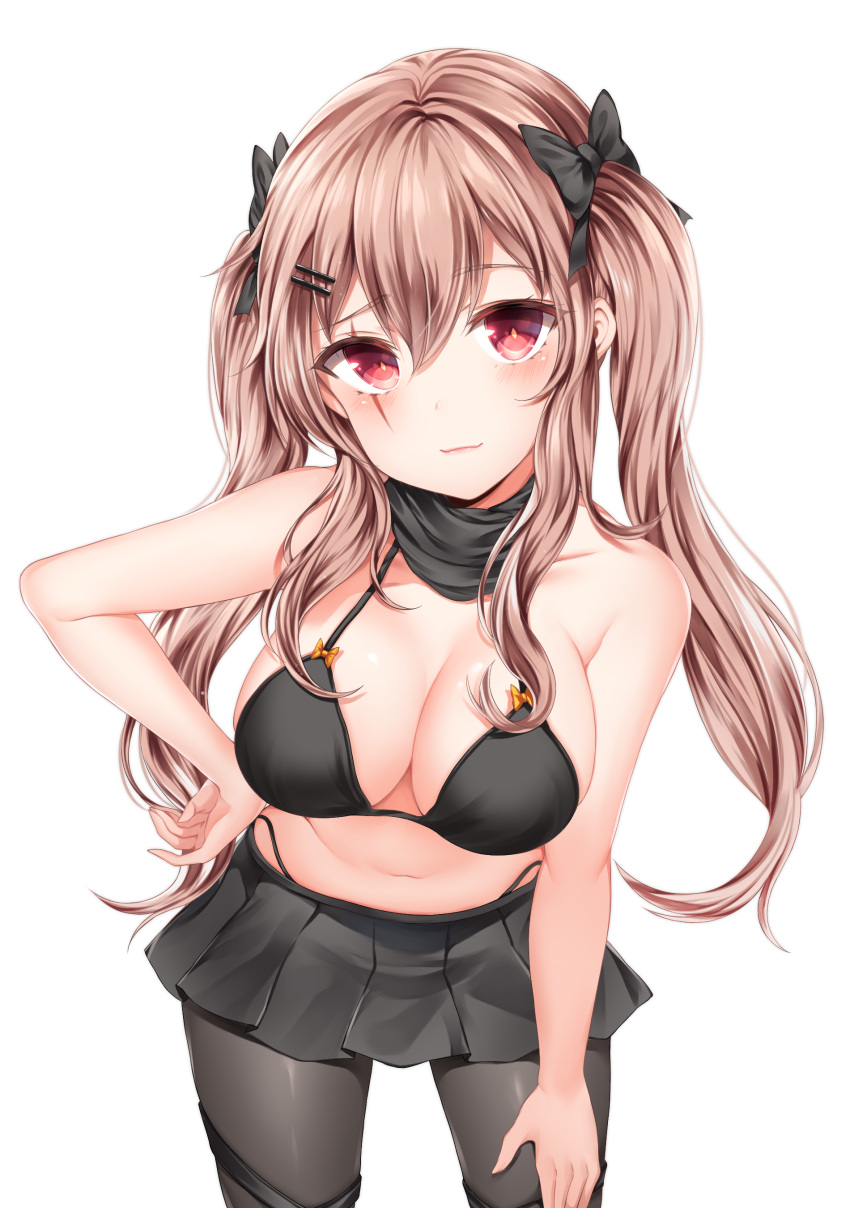 1girl absurdres armpit_crease bangs black_bra black_legwear black_panties black_ribbon black_scarf black_skirt blush bra breasts brown_hair cleavage collarbone cowboy_shot eyebrows_visible_through_hair girls_frontline hair_ornament hairclip hand_on_hip highres leaning_forward long_hair looking_at_viewer navel painteen panties pantyhose red_eyes ribbon scar scar_across_eye scarf simple_background skindentation skirt smile stomach thigh_strap twintails ump9_(girls_frontline) underwear white_background