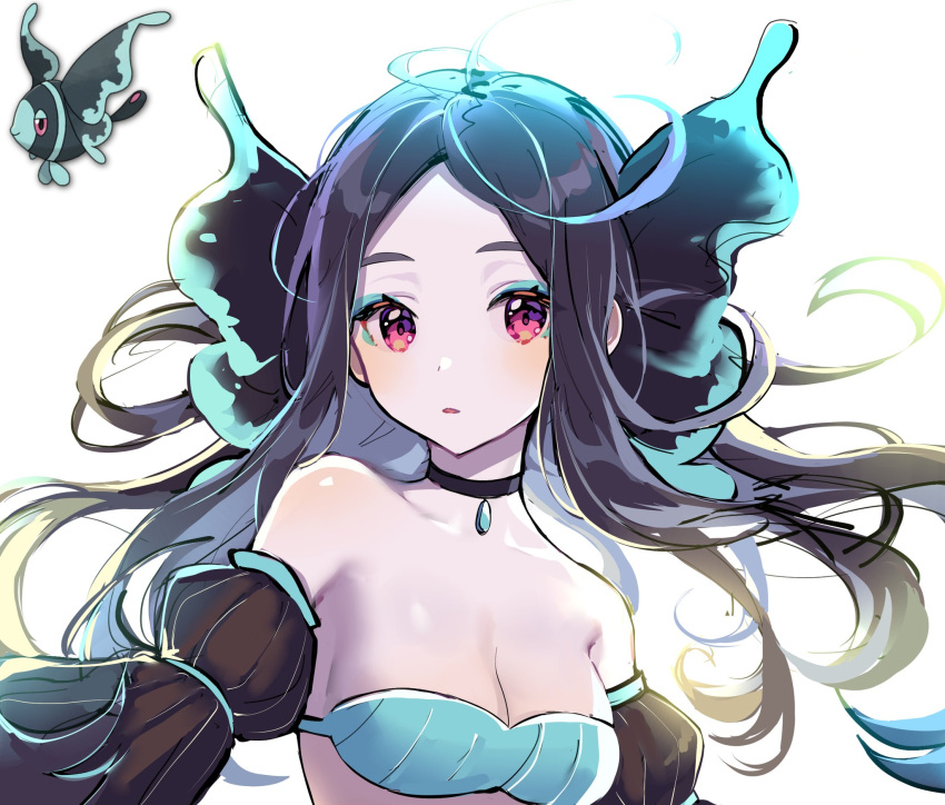 1girl bare_shoulders black_hair blue_eyeshadow breasts choker cleavage collarbone creatures_(company) eyebrows fish game_freak ha_youn highres long_hair looking_at_viewer lumineon nintendo pale_skin parted_lips pokemon simple_background small_breasts solo upper_body white_background