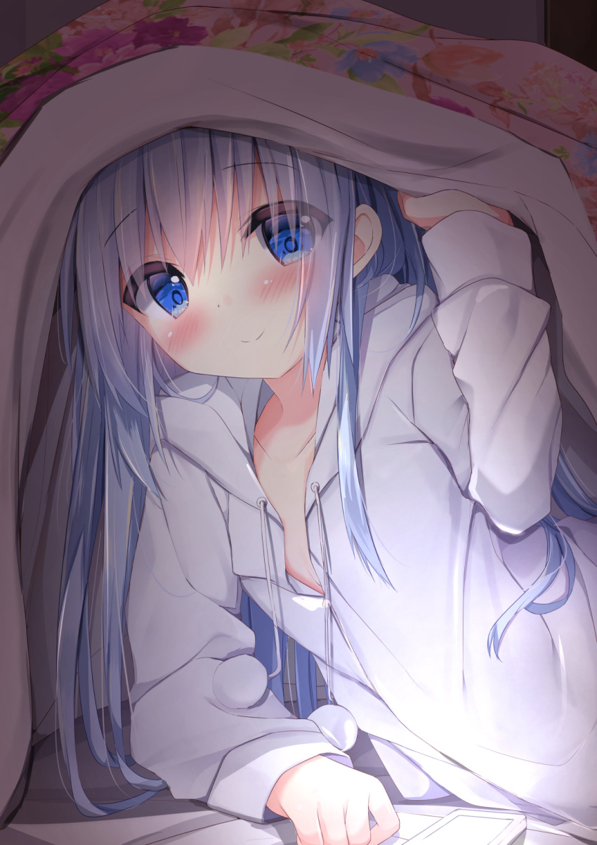 1girl bed_sheet blue_eyes blue_hair blush breasts cellphone closed_mouth collarbone commentary_request gochuumon_wa_usagi_desu_ka? head_tilt highres hood hood_down hooded_jacket indoors jacket kafuu_chino kouda_suzu long_hair long_sleeves looking_at_viewer phone pom_pom_(clothes) screen_light small_breasts smile solo under_covers very_long_hair white_jacket
