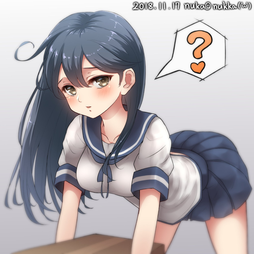 1girl ? ahoge all_fours artist_name black_hair blue_sailor_collar blue_skirt box brown_eyes commentary_request cowboy_shot dated gradient gradient_background grey_background highres kantai_collection long_hair nuka_(nvkka) pleated_skirt sailor_collar school_uniform serafuku simple_background skirt solo twitter_username ushio_(kantai_collection)