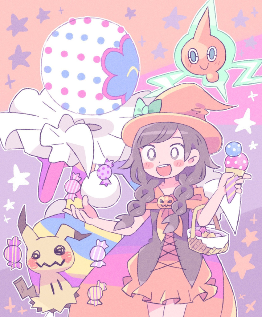 1girl basket blacephalon black_hair braid candy cape creatures_(company) dress food game_freak gen_4_pokemon gen_7_pokemon halloween_costume hat highres ice_cream_cone long_hair mimikyu mizuki_(pokemon) nintendo open_mouth pokemon pokemon_(creature) pokemon_(game) pokemon_usum remoooon rotom smile twin_braids ultra_beast witch_hat