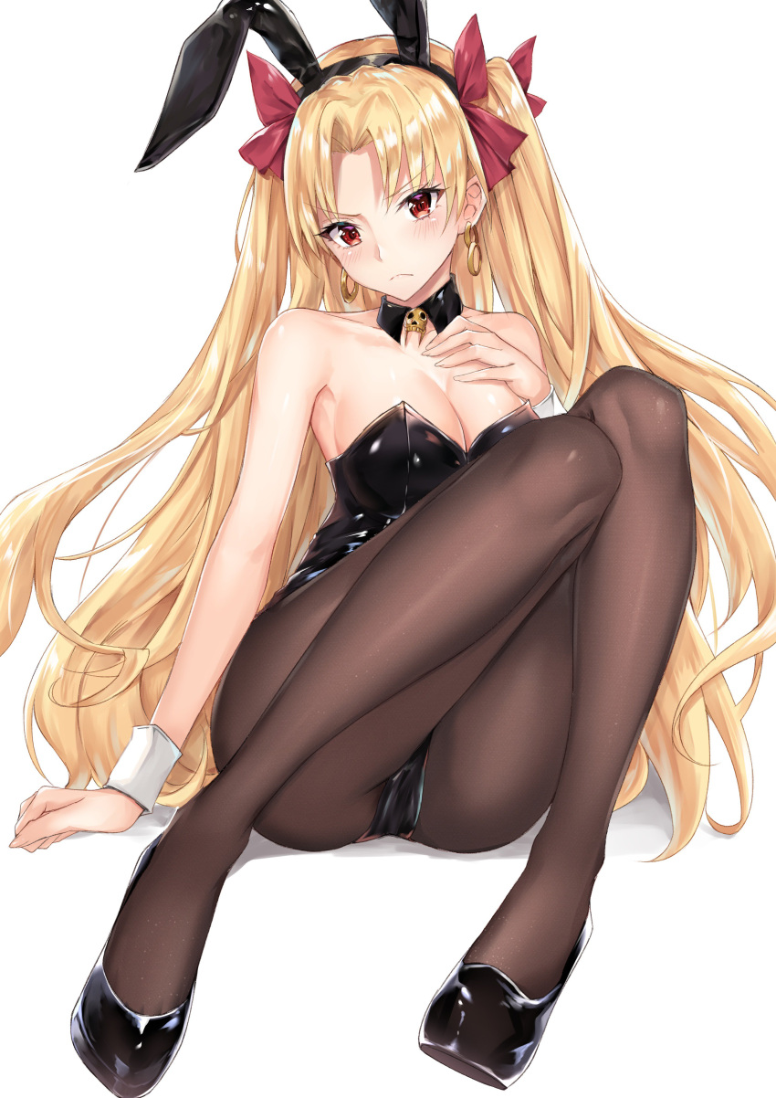 1girl absurdres animal_ears black_footwear black_hairband black_legwear black_leotard bow breasts bunnysuit choker cleavage coffeedog collarbone earrings ereshkigal_(fate/grand_order) eyebrows_visible_through_hair fate/grand_order fate_(series) floating_hair full_body hair_bow hairband head_tilt highres jewelry leotard long_hair looking_at_viewer medium_breasts pantyhose pumps rabbit_ears red_bow red_eyes shiny shiny_hair simple_background sitting solo striped_leotard twintails very_long_hair white_background wrist_cuffs