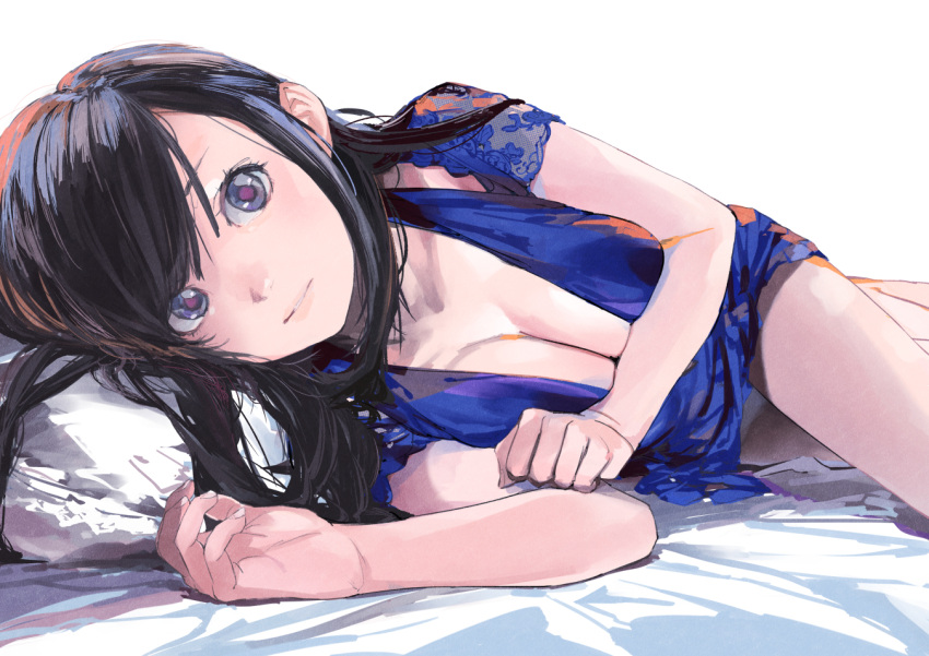 1girl bed_sheet black_hair blue_dress blue_eyes breasts cleavage dress kiriyama light_smile lipps_(idolmaster) long_hair looking_at_viewer lying on_side original parted_lips solo