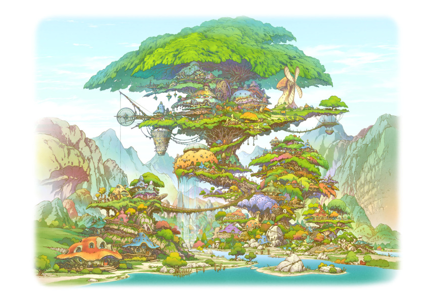 blue_sky border bridge building clouds commentary_request day fading_border fantasy field giant_tree hanging_bridge highres house magewappa_z mountain mountainous_horizon mushroom no_humans original outdoors path river road rock scenery sky town tree water waterfall wheel windmill