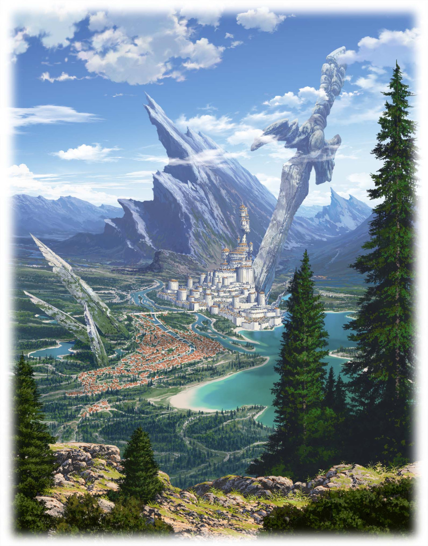 battlement beach blue_sky border bridge canal castle city clouds cloudy_sky commentary_request day fading_border fantasy forest grass highres lake magewappa_z mountain mountaintop nature no_humans original outdoors path road scenery sky spikes statue sword tower tree water weapon