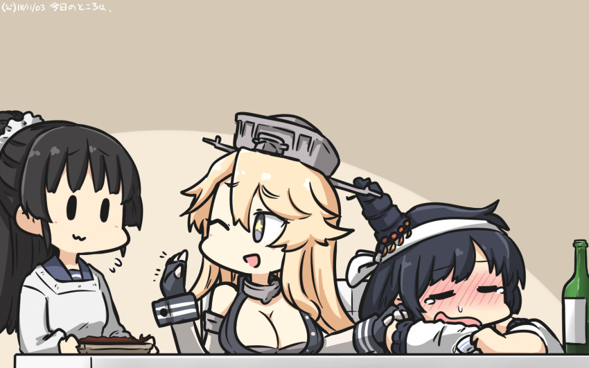 3girls :3 alternate_hairstyle bare_shoulders black_hair blonde_hair blush bottle check_commentary commentary_request dated detached_sleeves drunk elbow_gloves eyebrows_visible_through_hair fish food front-tie_top gloves grey_eyes hair_between_eyes hair_ornament hamu_koutarou highres iowa_(kantai_collection) isokaze_(kantai_collection) kantai_collection kappougi long_hair long_sleeves looking_at_viewer multiple_girls one_eye_closed open_mouth partial_commentary sake_bottle saury smile star star-shaped_pupils symbol-shaped_pupils tears yamashiro_(kantai_collection)