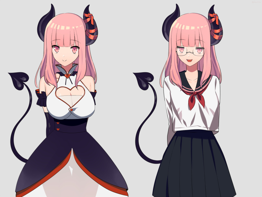 breasts cleavage cleavage_cutout demon_girl demon_horns demon_tail eve.ch eve_valerne glasses horn_ribbon horns pink_eyes pink_hair ribbon school_uniform shimobebe simple_background succubus tag tail