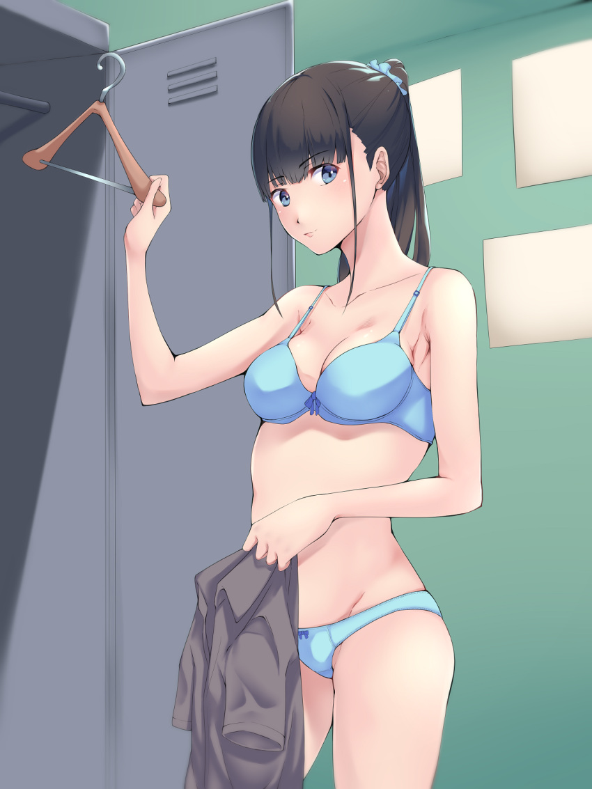 1girl bangs black_hair black_mutou blue_bra blue_eyes blue_panties blue_scrunchie bow bow_bra bow_panties bra breasts changing_room cleavage closed_mouth clothes_hanger commentary cowboy_shot crotch_seam eyebrows_visible_through_hair grey_shirt highres holding holding_shirt indoors light_smile locker long_hair looking_at_viewer medium_breasts original panties ponytail scrunchie shirt shirt_removed solo standing underwear underwear_only undressing