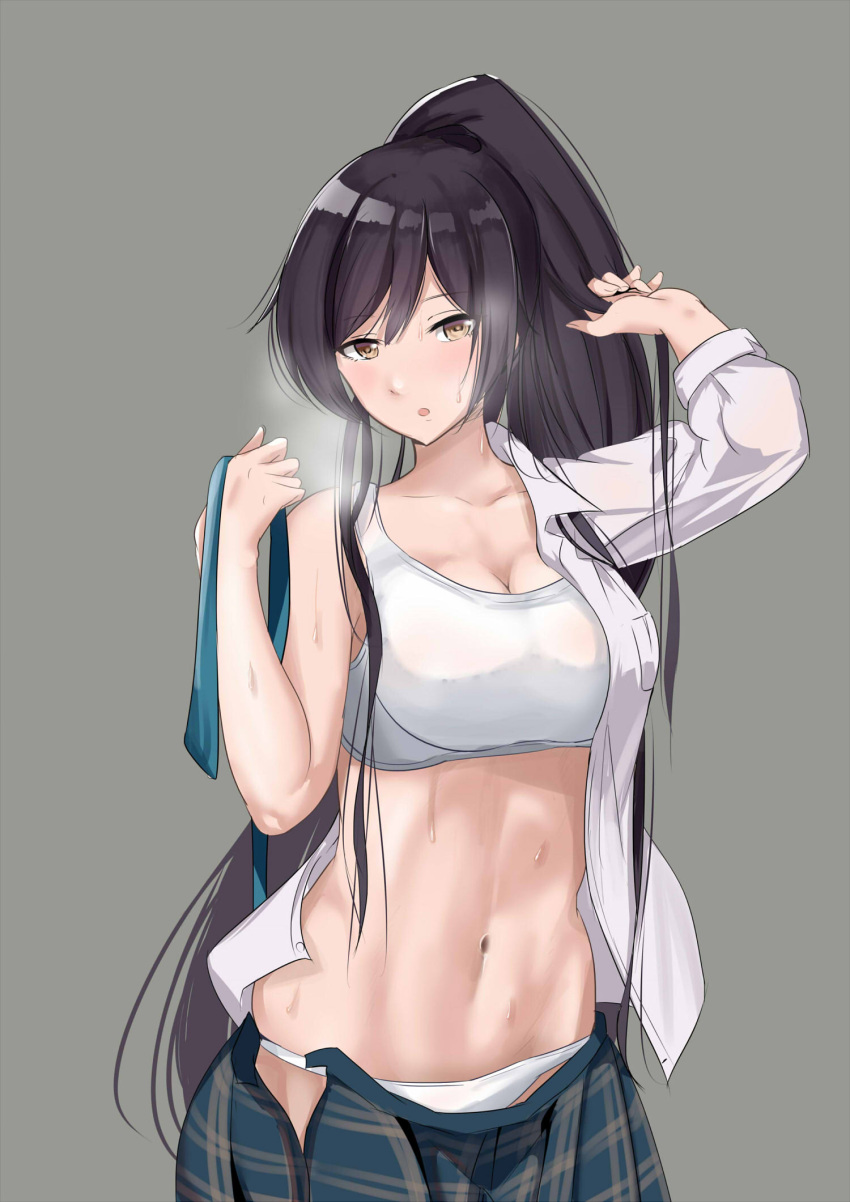 1girl :o abs bangs black_hair bra breasts brown_eyes cleavage commentary_request cowboy_shot dress_shirt eyebrows_visible_through_hair green_ribbon green_skirt grey_background hand_in_hair highres holding holding_ribbon hot idolmaster idolmaster_shiny_colors large_breasts long_hair long_sleeves looking_at_viewer navel open_clothes open_shirt open_skirt panties partial_commentary plaid plaid_skirt pleated_skirt ponytail ribbon schreibe_shura shirase_sakuya shirt simple_background skindentation skirt solo sports_bra standing steam sweat underwear undressing very_long_hair white_bra white_panties white_shirt