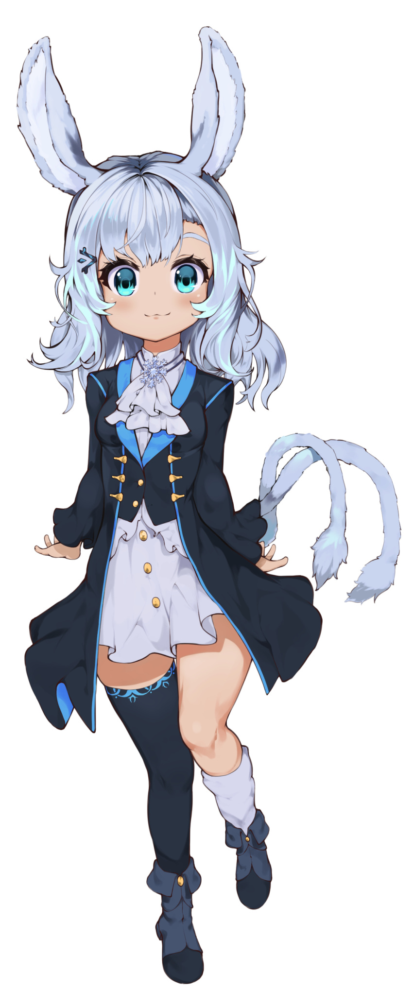 1girl :3 absurdres animal_ears black_coat black_footwear black_legwear black_vest blue_eyes blue_hair boots cat_tail coat dress full_body gappt hair_ornament hairclip highres kneehighs long_hair mismatched_legwear multiple_tails original rabbit_ears simple_background single_kneehigh single_thighhigh smile solo tail thigh-highs vest white_background white_dress white_legwear