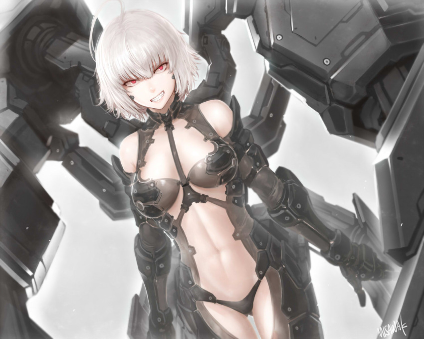 1girl ahoge black_panties grin highres mecha mechanical_parts misawa_kei original panties red_eyes short_hair simple_background smile smirk solo underwear white_hair